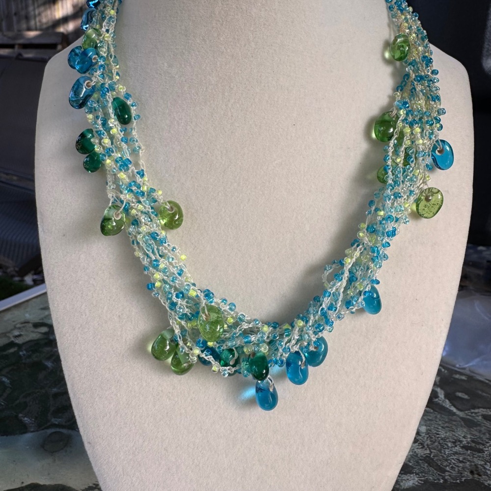 VTG Hand Beaded Necklace‎ Multi Strand Turquoise Green Dangle Statement Jewelry